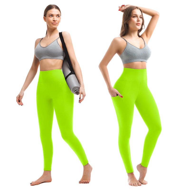 Walifrey Leggings with Pockets for Women, High Waisted Buttery Soft Womens Leggings for Gym Yoga Workout (Neon Green LXL) - Image 2