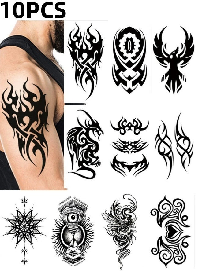 10 Pack Temporary Tattoos Big Tribal Totem Design For Men Women Black Large Body Art Makeup Waterproof Removable For Party Festival Cosplay Daily Decoration - Image 1