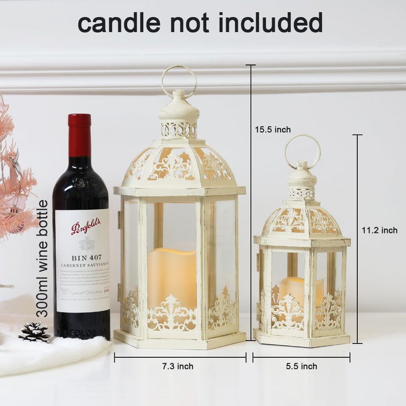 NEEDOMO Lanterns Decorative Outdoor&Indoor, Set of 2 (15"&11") Beige Metal Lantern Decor with Glass, Candle Holder for Porch, Patio, Garden, Fall, Wedding, Christmas, Table Centerpiece - Image 3