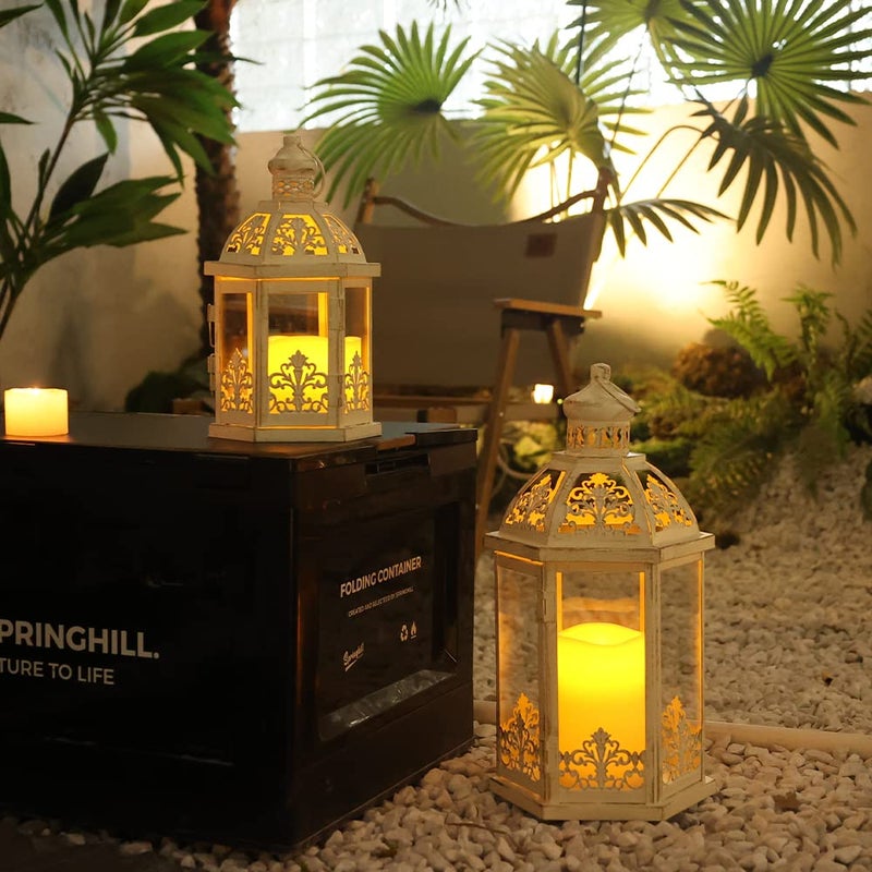 NEEDOMO Lanterns Decorative Outdoor&Indoor, Set of 2 (15"&11") Beige Metal Lantern Decor with Glass, Candle Holder for Porch, Patio, Garden, Fall, Wedding, Christmas, Table Centerpiece - Image 2