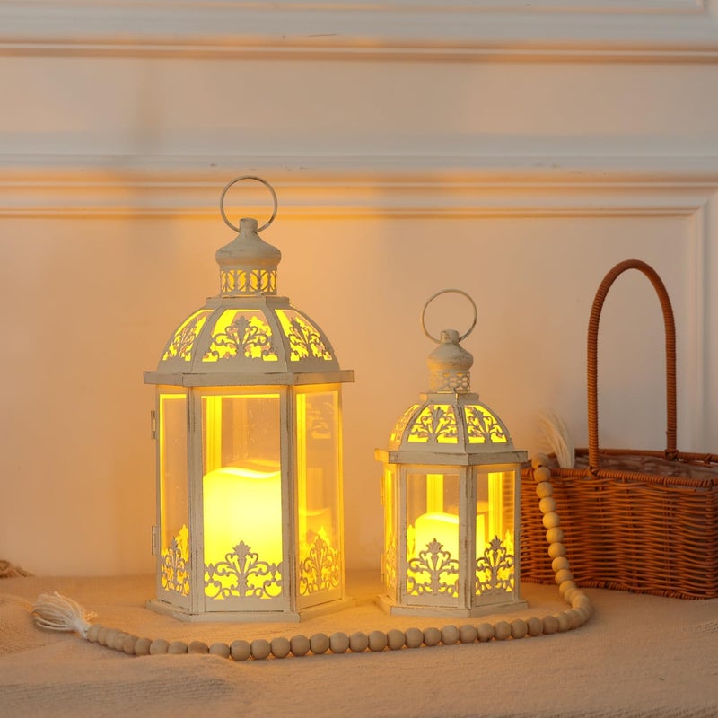 NEEDOMO Lanterns Decorative Outdoor&Indoor, Set of 2 (15"&11") Beige Metal Lantern Decor with Glass, Candle Holder for Porch, Patio, Garden, Fall, Wedding, Christmas, Table Centerpiece - Image 5