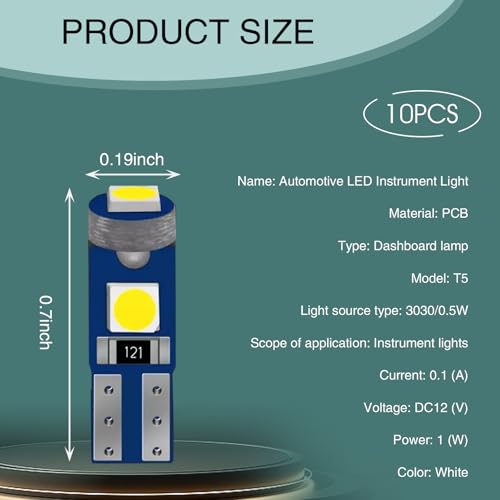 Ajxn 10 PCS Car LED Instrument Light, T5 3030 3SMD Wedge Bulb Instrument Cluster Indicator Light, 74 37 27 17 2721 Bulb Soft Beam Canbus Error-free, Universal for Most Cars Accessories (White) - Image 2