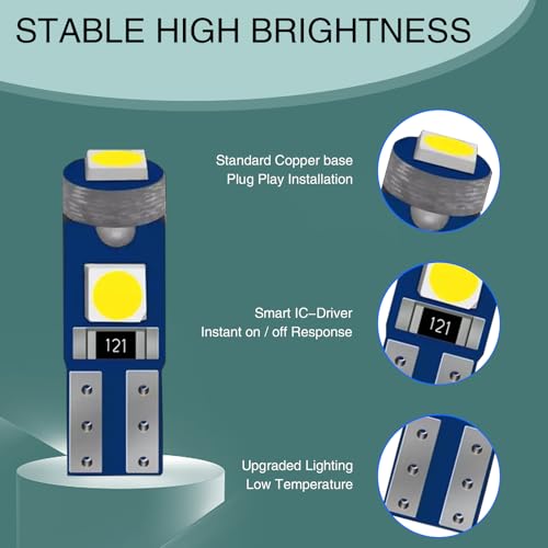 Ajxn 10 PCS Car LED Instrument Light, T5 3030 3SMD Wedge Bulb Instrument Cluster Indicator Light, 74 37 27 17 2721 Bulb Soft Beam Canbus Error-free, Universal for Most Cars Accessories (White) - Image 4