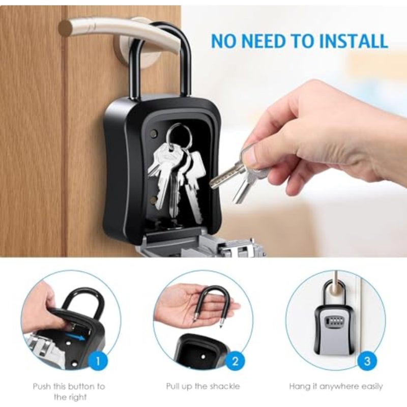 Aluminum Alloy Key Lock Box with 4 Digit Combination Wall Mounted Secure Lock Box for House Key Resettable Code Safe Security Key Box Indoor and Outdoor Key Keys Lockbox for Key Management Black - Image 4