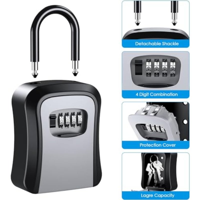 Aluminum Alloy Key Lock Box with 4 Digit Combination Wall Mounted Secure Lock Box for House Key Resettable Code Safe Security Key Box Indoor and Outdoor Key Keys Lockbox for Key Management Black - Image 2