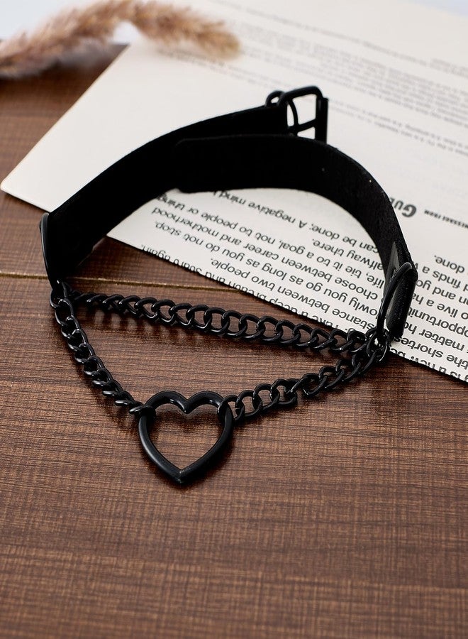 yeabwps Heart Chain Choker Faux Leather Necklace Black Gothic Pumk Grunge Necklace for Women Adjustable PU Collar Gothic Jewelry Gift for Women Men (Black) - Image 2