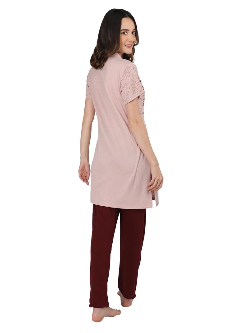 Duchess Women's Cotton Printed & Embroided Long Length Night Pajama Set, Pink, 3XL - Image 3