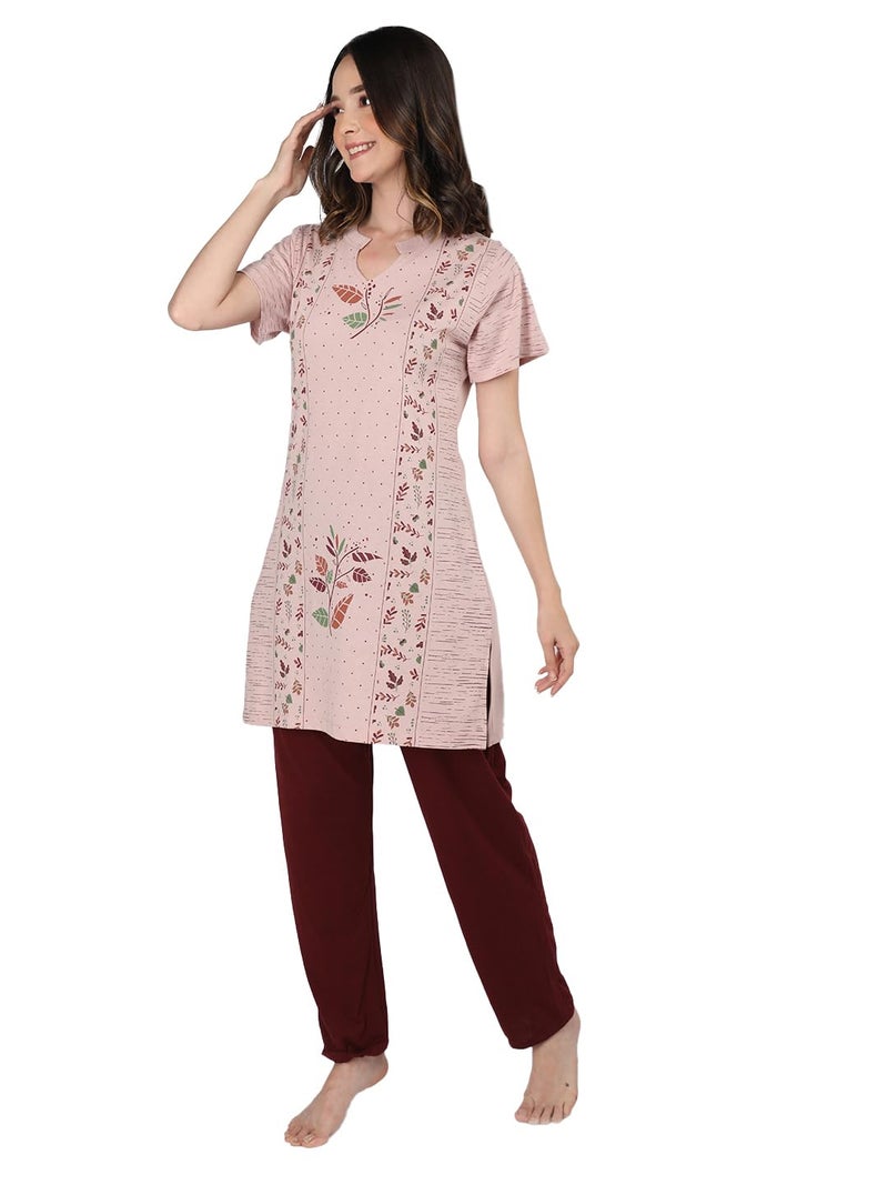 Duchess Women's Cotton Printed & Embroided Long Length Night Pajama Set, Pink, 3XL - Image 5
