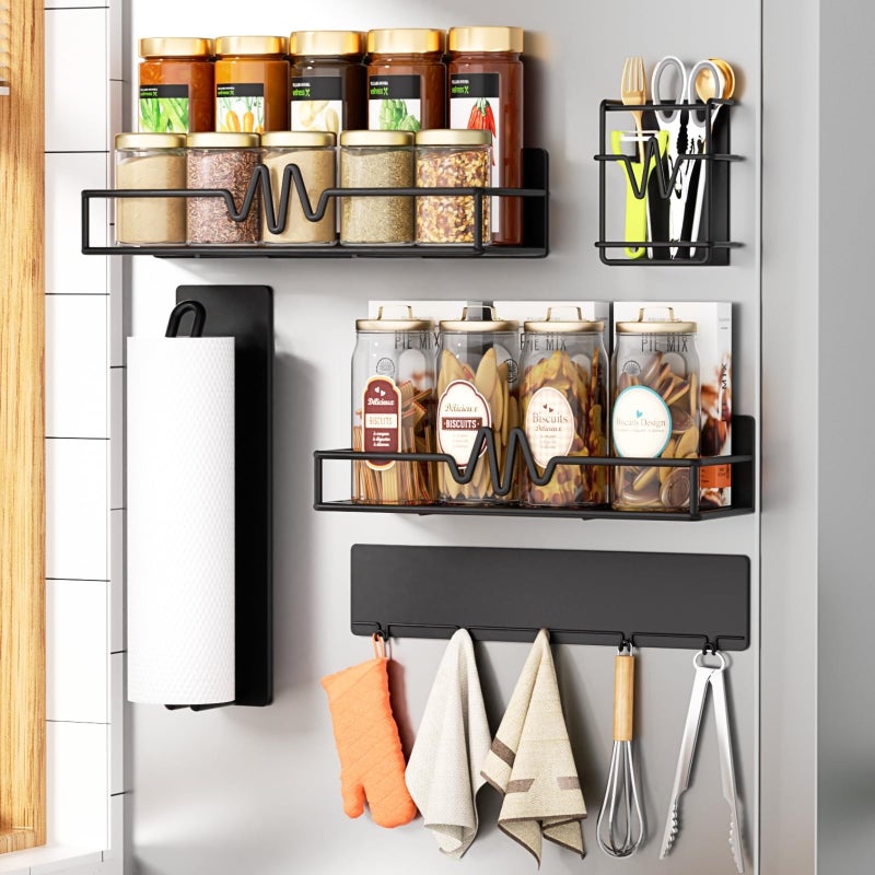 Ofiray-home 5Pack Magnetic Spice Rack for Refrigerator Heavy Duty Magnetic Shelf for Fridge Set with Paper Towel Holder Utensils Racks Hook Rail Home Kitchen Laundry Room RV Storage Organization Black - Image 2
