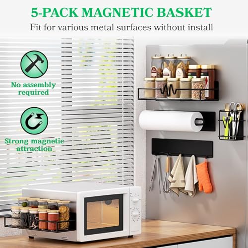 Ofiray-home 5Pack Magnetic Spice Rack for Refrigerator Heavy Duty Magnetic Shelf for Fridge Set with Paper Towel Holder Utensils Racks Hook Rail Home Kitchen Laundry Room RV Storage Organization Black - Image 3