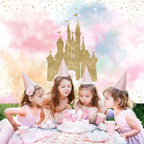 Mocsicka Princess Castle Birthday Backdrop Watercolor Pastel Rainbow Birthday Background Gold Glitter Royal Party Cake Table Decoration Photo Booth Props (7x5ft) - Image 5