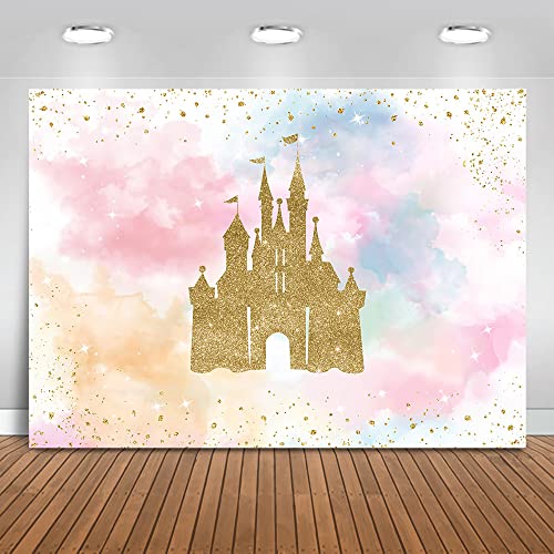 Mocsicka Princess Castle Birthday Backdrop Watercolor Pastel Rainbow Birthday Background Gold Glitter Royal Party Cake Table Decoration Photo Booth Props (7x5ft) - Image 1