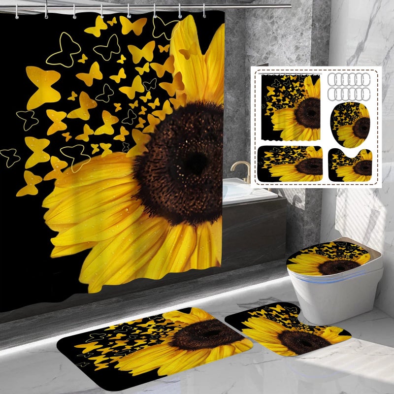 Y&D Floral Pattern Fabric Bath Rug Set 4-Piece Shower Curtain and Bath Mat for Bathroom - Image 1