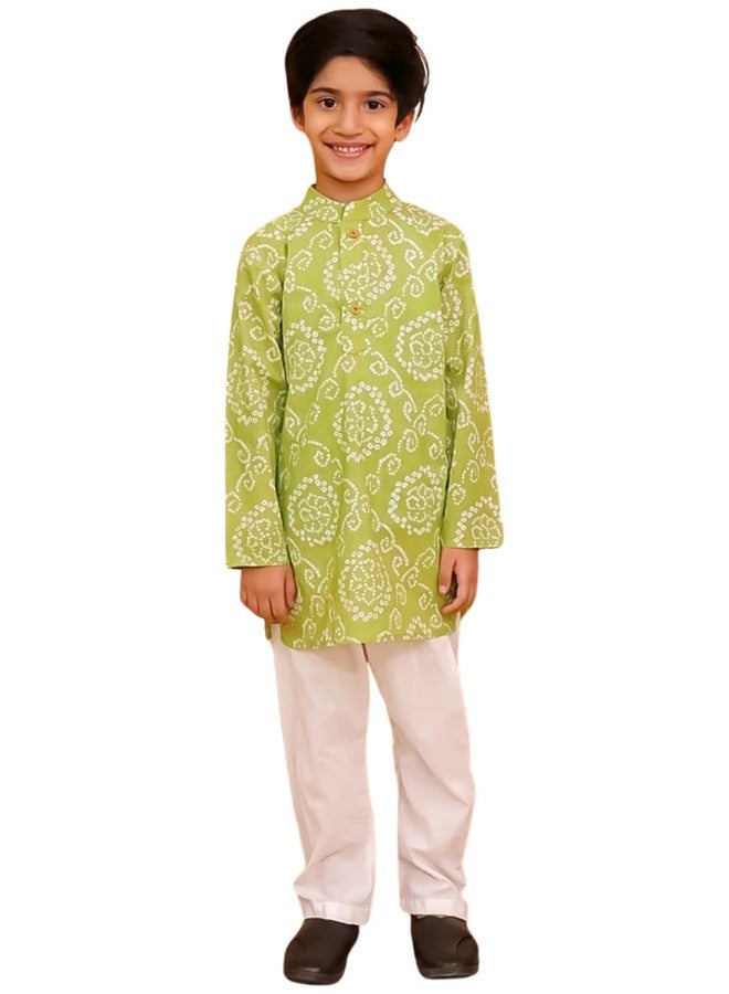 AJ DEZINES Kids Cotton Full Sleeve Floral Printed Green Kurta Pajama Set for Boys - Ethnic wear | Special Occasion & Traditional Outfit |Kurta Set for Boys - Regular Fit (1282-GREEN-12-18M-0) - Image 1