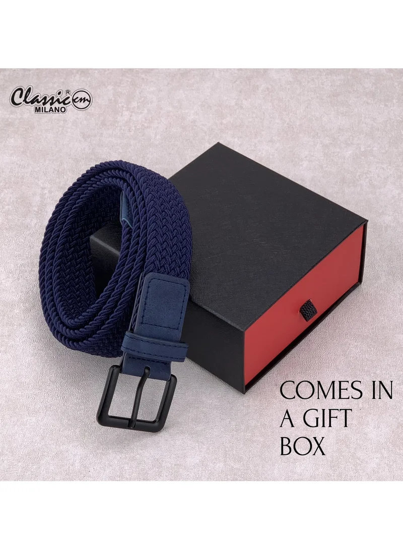 Classic Milano Blue (DWE-312) Classic Milano Braided Cotton Elastic Stretch Belt for Men & Women, Woven Canvas Web Belt with Gift Box, Adjustable Men's Belt | Full Length: 110CM (Free Size - Fits up to the waist of 40 Inches / 100 CM)  | Best Price UAE