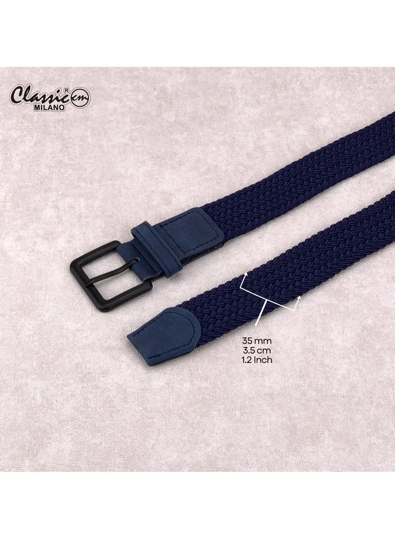 Classic Milano Blue (DWE-312) Classic Milano Braided Cotton Elastic Stretch Belt for Men & Women, Woven Canvas Web Belt with Gift Box, Adjustable Men's Belt | Full Length: 110CM (Free Size - Fits up to the waist of 40 Inches / 100 CM)  | Best Price UAE