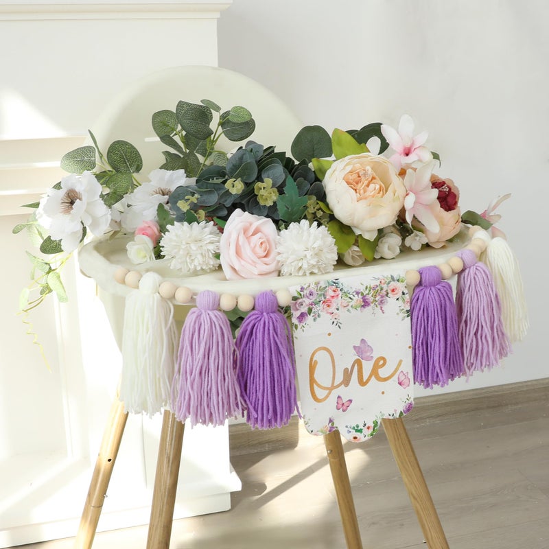 HODIHIWI Handmade Butterfly Flower 1st Birthday High Chair Banner Purple Party Decoration For Girls Boys Wall Hangings Decorative - Image 3