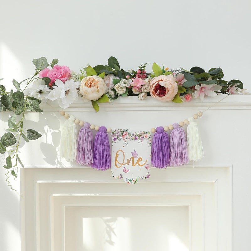 HODIHIWI Handmade Butterfly Flower 1st Birthday High Chair Banner Purple Party Decoration For Girls Boys Wall Hangings Decorative - Image 4