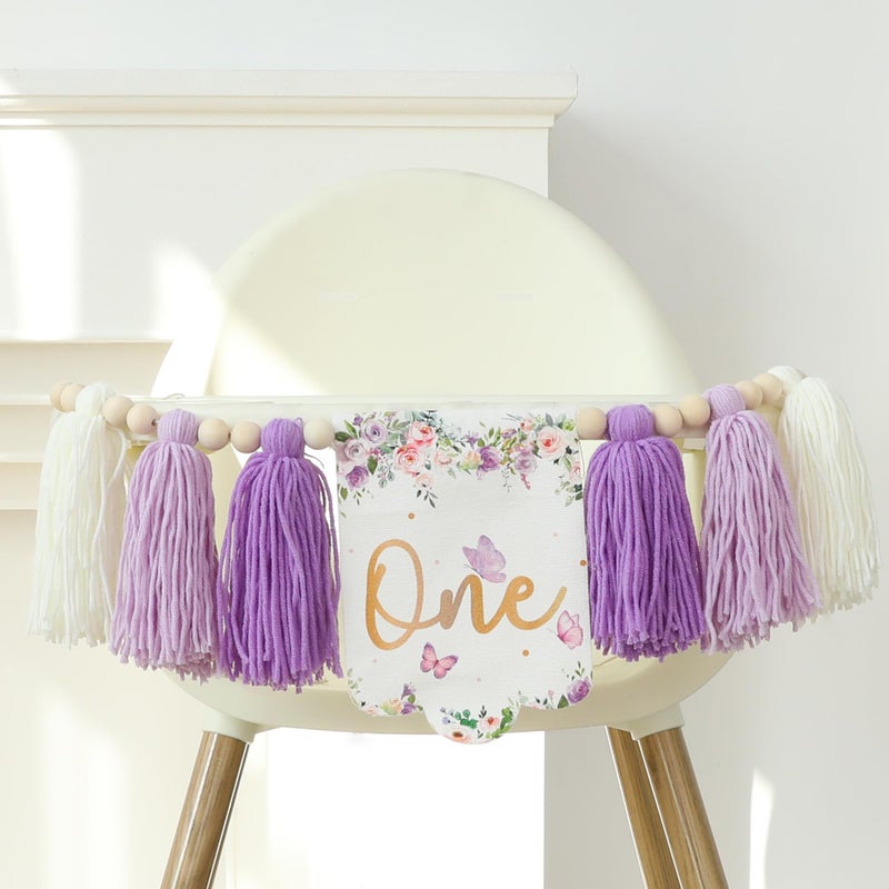 HODIHIWI Handmade Butterfly Flower 1st Birthday High Chair Banner Purple Party Decoration For Girls Boys Wall Hangings Decorative - Image 5