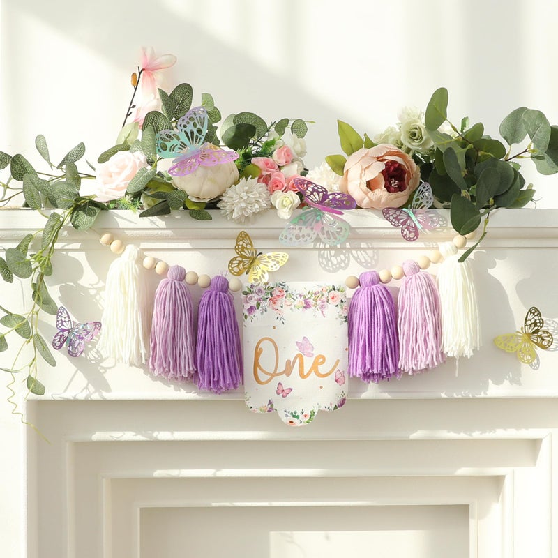 HODIHIWI Handmade Butterfly Flower 1st Birthday High Chair Banner Purple Party Decoration For Girls Boys Wall Hangings Decorative - Image 2