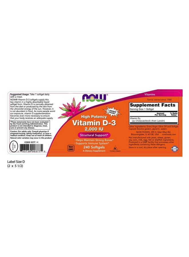 now Foods Vitamin D3 Structural Support 2000 I.U 480 Softgels - Image 3