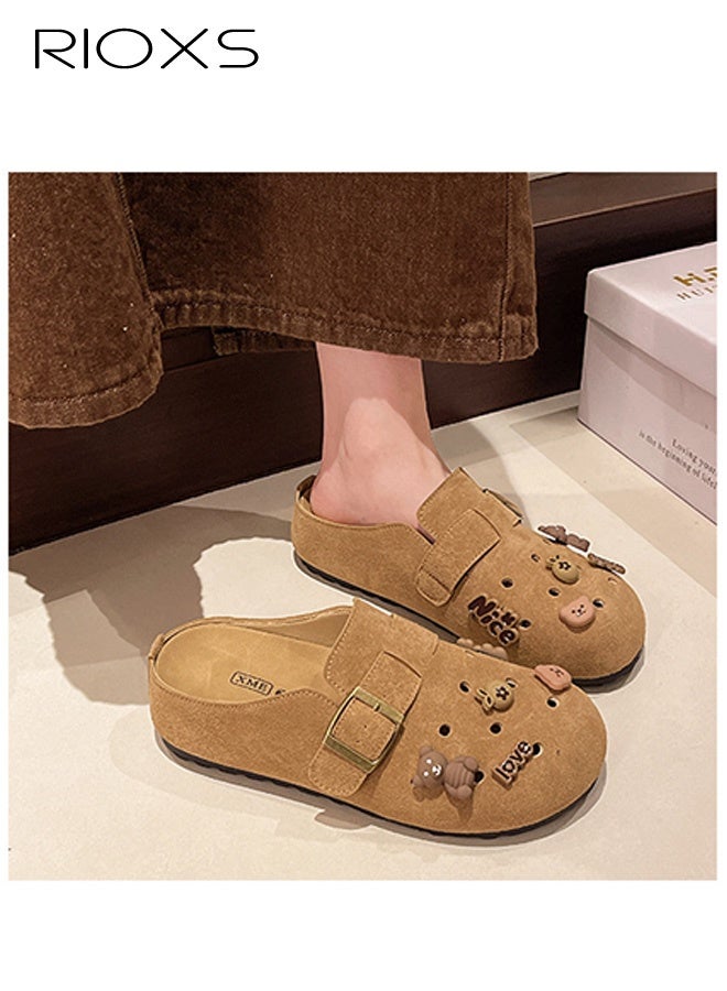RIOXS Suede Clogs For Women, Ventilated Hollow Mules, Women's Slip-on Potato Shoes, Footbed Suede Cork Clogs Mules, Ladies House Slipers With Arch Support, Breathable Womens Suede Clogs Shoes, Casual Slip-on Mules For Mom/ Girlfriend/ Wife/ Sisters-Light Brown Mules  - Image 2