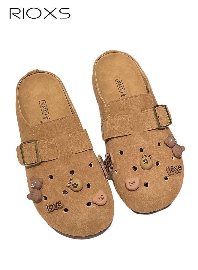 RIOXS Suede Clogs For Women, Ventilated Hollow Mules, Women's Slip-on Potato Shoes, Footbed Suede Cork Clogs Mules, Ladies House Slipers With Arch Support, Breathable Womens Suede Clogs Shoes, Casual Slip-on Mules For Mom/ Girlfriend/ Wife/ Sisters-Light Brown Mules  - Image 1