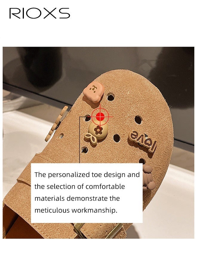 RIOXS Suede Clogs for Women, Funny Slip-on Potato Shoes with Ventilated Holes and Adjustable Buckles, Women's Comfort Cork Clog Mule, Breathable Footbed Suede Cork Clogs Mules, Non-slip Ladies House Slipers with Arch Support, Casual Slip Ons Mules for Mom Girlfriend Wife Sisters, Clog Slippers Brown Mules - Image 4