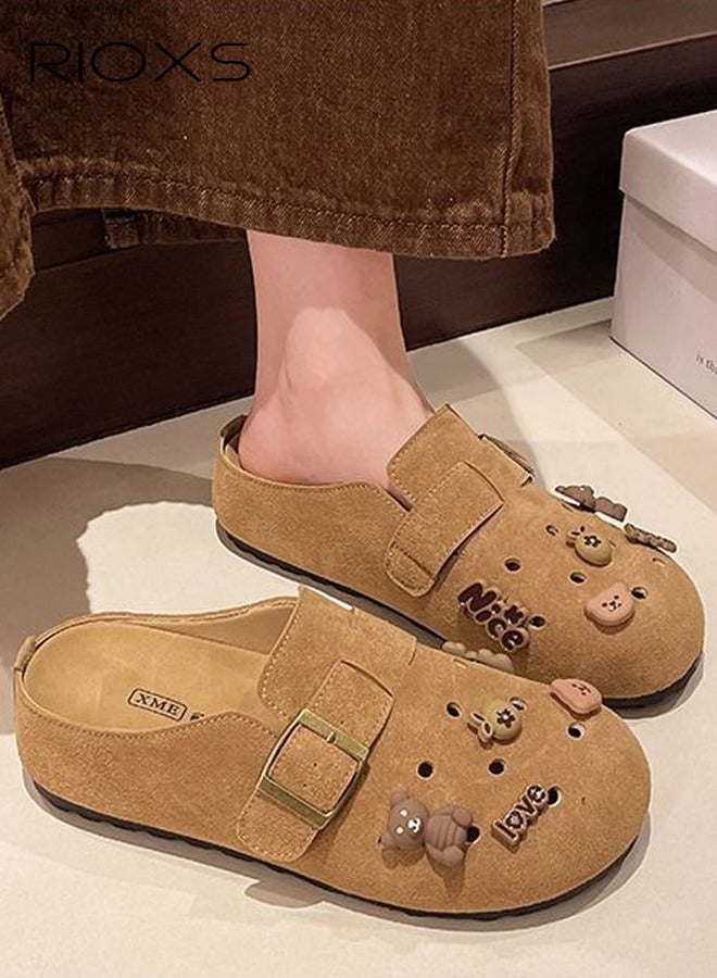 RIOXS Suede Clogs for Women, Funny Slip-on Potato Shoes with Ventilated Holes and Adjustable Buckles, Women's Comfort Cork Clog Mule, Breathable Footbed Suede Cork Clogs Mules, Non-slip Ladies House Slipers with Arch Support, Casual Slip Ons Mules for Mom Girlfriend Wife Sisters, Clog Slippers Brown Mules - Image 1
