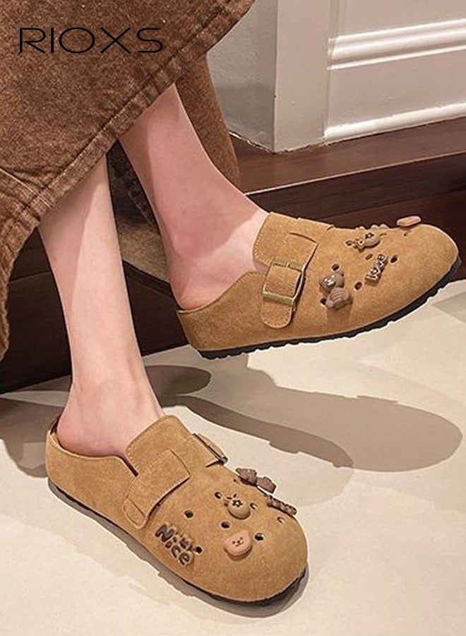 RIOXS Suede Clogs for Women, Funny Slip-on Potato Shoes with Ventilated Holes and Adjustable Buckles, Women's Comfort Cork Clog Mule, Breathable Footbed Suede Cork Clogs Mules, Non-slip Ladies House Slipers with Arch Support, Casual Slip Ons Mules for Mom Girlfriend Wife Sisters, Clog Slippers Brown Mules - Image 2