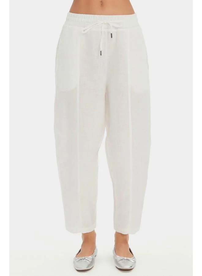JUNE June Women Exclusive 100% Linen Elastic Waist Trouser Ecru