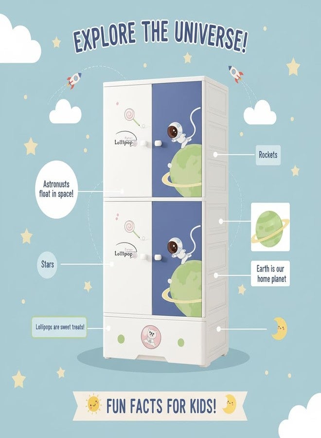 EXVITO Kids Astronaut Wardrobe Storage Cabinet - 3+1 Tier Children’s Clothes Organizer with Space Theme Doors, Toy & Bedroom Storage Unit for Nursery & Playroom - ASTRONUT - Image 3