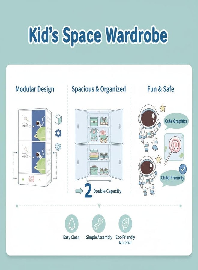 EXVITO Kids Astronaut Wardrobe Storage Cabinet - 3+1 Tier Children’s Clothes Organizer with Space Theme Doors, Toy & Bedroom Storage Unit for Nursery & Playroom - ASTRONUT - Image 5