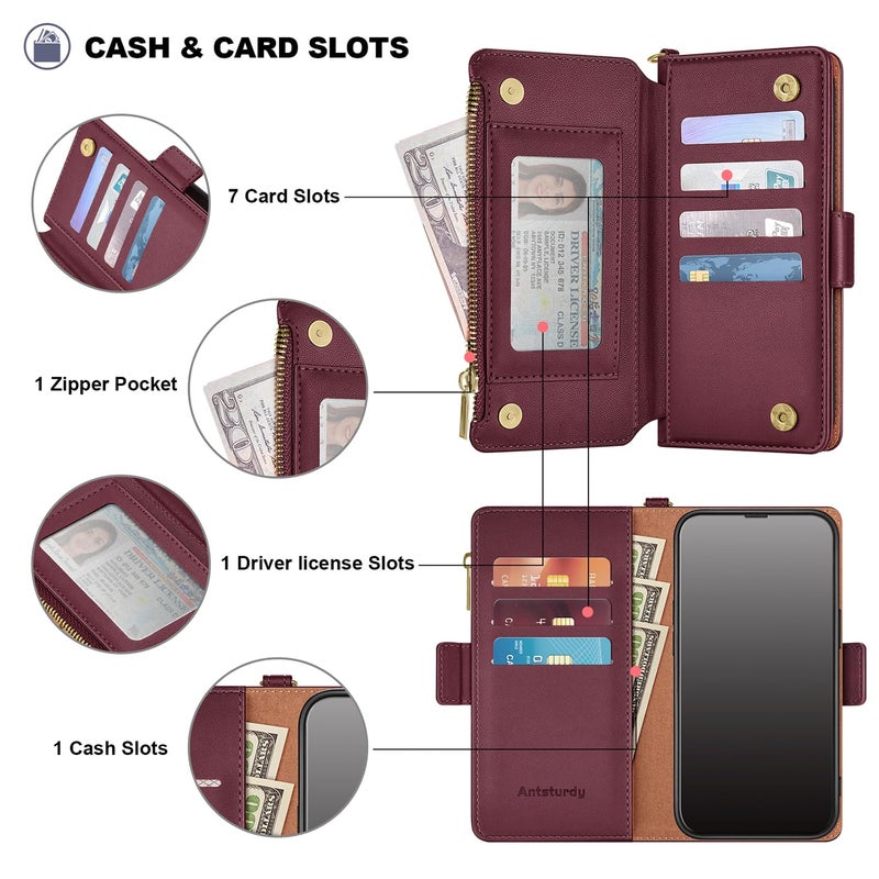 Antsturdy Compatible with Samsung Galaxy A15 5G Case Wallet with Card Holder Women Men Phone Case RFID Blocking PU Leather Flip Shockproof Cover with Strap Zipper Credit Card Slots,Wine Red - Image 5