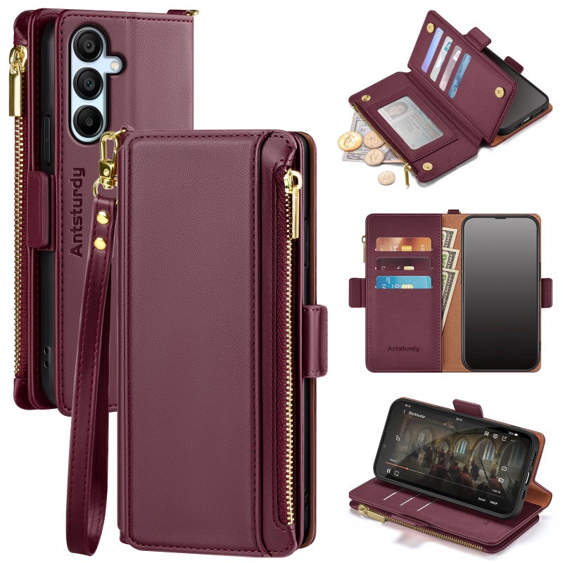 Antsturdy Compatible with Samsung Galaxy A15 5G Case Wallet with Card Holder Women Men Phone Case RFID Blocking PU Leather Flip Shockproof Cover with Strap Zipper Credit Card Slots,Wine Red - Image 1