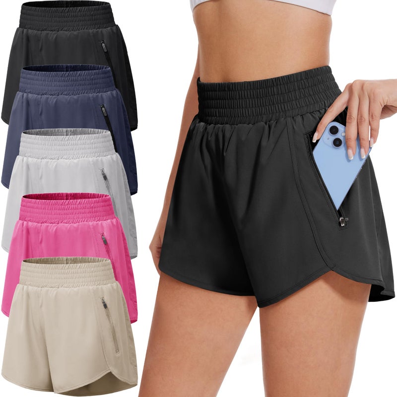BALENNZ Women's 5 Pack Athletic Workout Shorts with Zipper Pockets Activewear Elastic Waist Gym Running Shorts,X-Large - Image 1