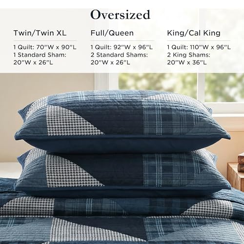 Woolrich John Rich & Bros. Woolrich Reversible Quilt Set - Cottage Styling Reversed to Solid Color, All Season Lightweight Coverlet, Cozy Bedding Layer, Matching Shams, Oversized King/Cal King, Olsen Geometric Blue - Image 5
