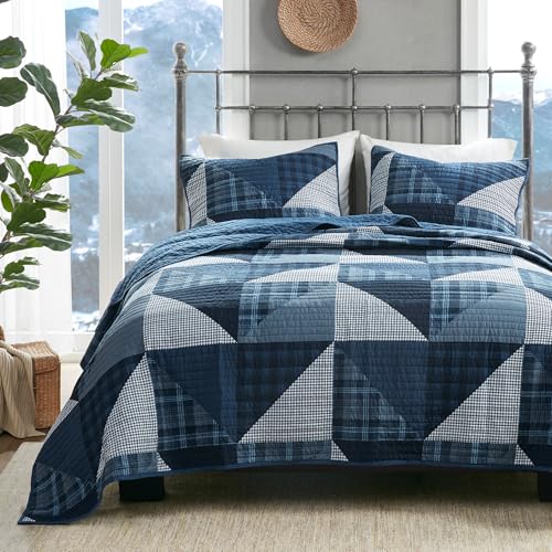 Woolrich John Rich & Bros. Woolrich Reversible Quilt Set - Cottage Styling Reversed to Solid Color, All Season Lightweight Coverlet, Cozy Bedding Layer, Matching Shams, Oversized King/Cal King, Olsen Geometric Blue - Image 1
