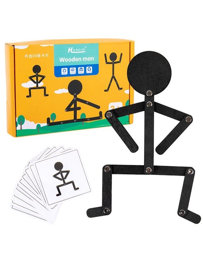 HAI BAO ER Wooden Stick Toys, New Light Black Wooden Stick Man Toys,  Montessori Material DIY Puzzle Toys Sporty Pose with 24 Cards for Children Intelligence Early Educational Toy (Including 24 Cards) - Image 1