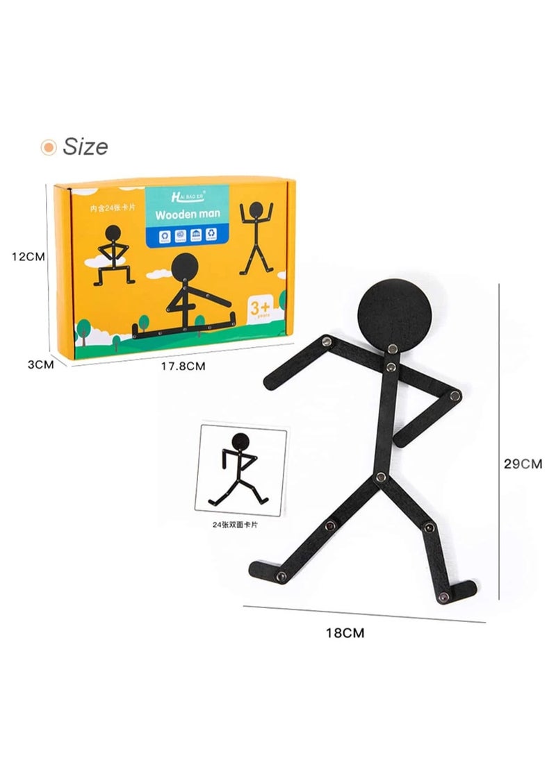HAI BAO ER Wooden Stick Toys, New Light Black Wooden Stick Man Toys,  Montessori Material DIY Puzzle Toys Sporty Pose with 24 Cards for Children Intelligence Early Educational Toy (Including 24 Cards) - Image 2