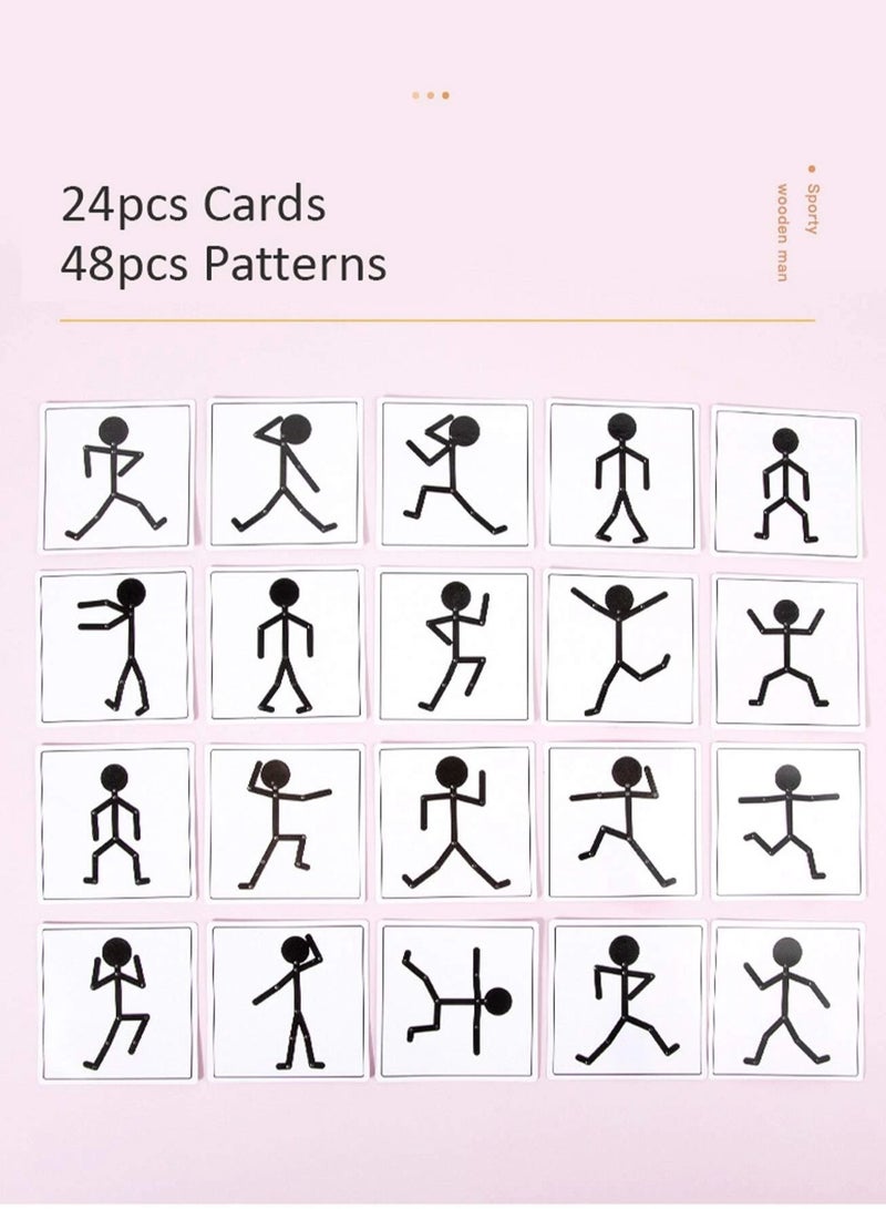 HAI BAO ER Wooden Stick Toys, New Light Black Wooden Stick Man Toys,  Montessori Material DIY Puzzle Toys Sporty Pose with 24 Cards for Children Intelligence Early Educational Toy (Including 24 Cards) - Image 3