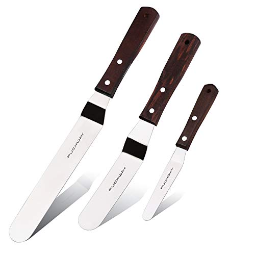 PUCKWAY Offset Cake Icing Spatula Set of 3 Professional Stainless Steel Decorating Frosting Spatulas 468 Flexible Resistant Blade Angled with Wooden Handle