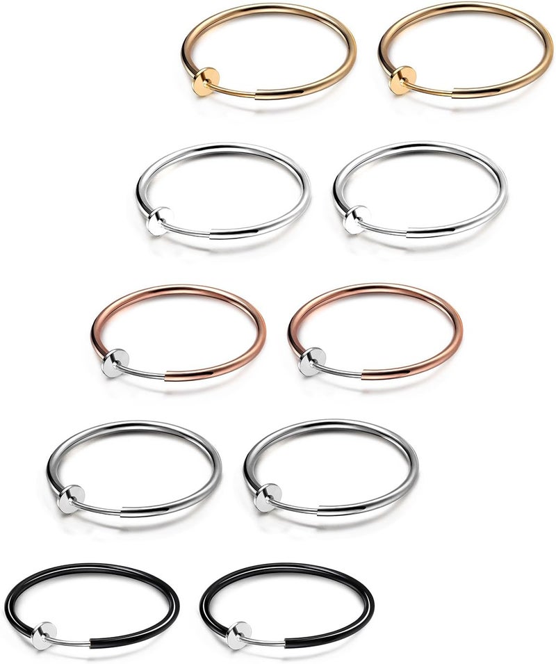 JewelrieShop Clip on Hoop Earrings for Women Fake Nose Ring Faux Lip Septum Ring Fake Cartilage Earrings Spring Endless Hoop Earrings Non Piercing Lobes Men (5 Pairs,13mm-25mm,Mixed Colors/Sized) - Image 1