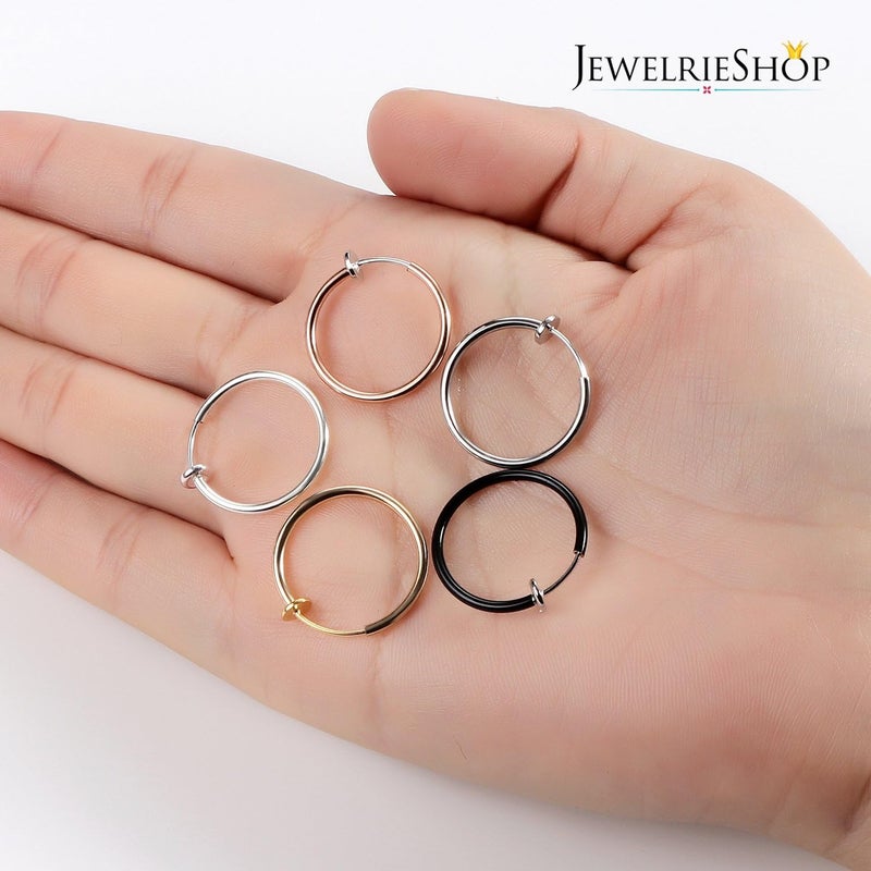 JewelrieShop Clip on Hoop Earrings for Women Fake Nose Ring Faux Lip Septum Ring Fake Cartilage Earrings Spring Endless Hoop Earrings Non Piercing Lobes Men (5 Pairs,13mm-25mm,Mixed Colors/Sized) - Image 5