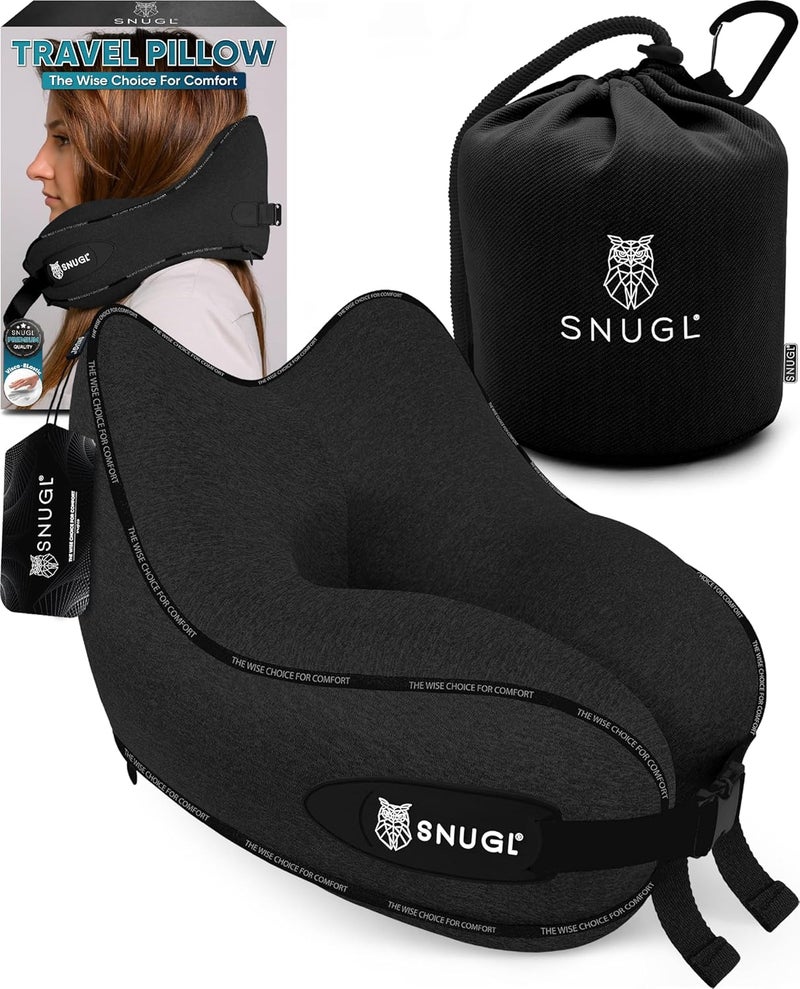 SNUGL وسادة السفر SNUGL – وسادة رقبة من الإسفنج الذكي للسفر – وسادة دعم للطائرة مع حقيبة حمل ومشبك – أساسيات العطلات (أسود - بالغ عادي) - Image 1