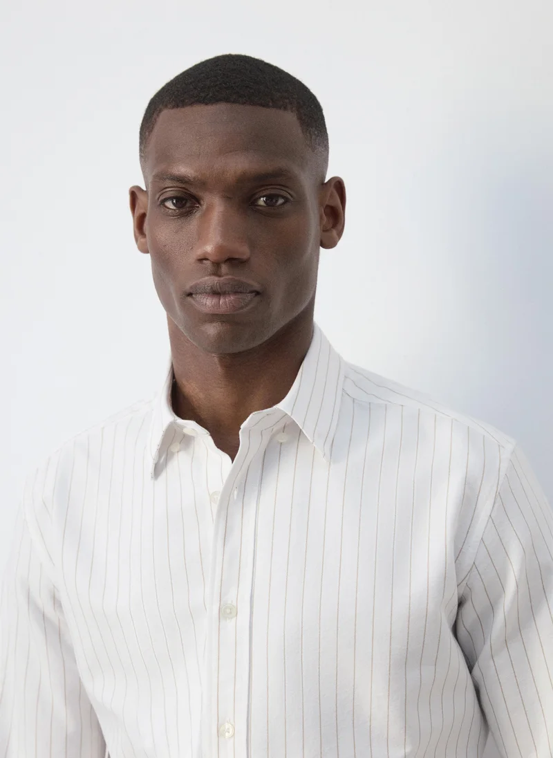 Mango Man 08-BEIGE 100% Cotton Striped Shirt for Men | Best Price UAE