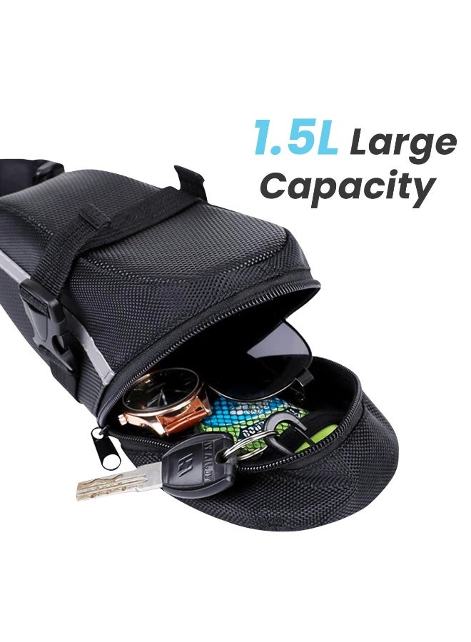 Bike Seat Bag - Durable Bicycle Saddle Bag Under Seat Storage Pouch for Mountain & Road Bike, 1.5L Capacity Wedge Pack with Reflective Straps, Easy Installation (Black) - Image 2
