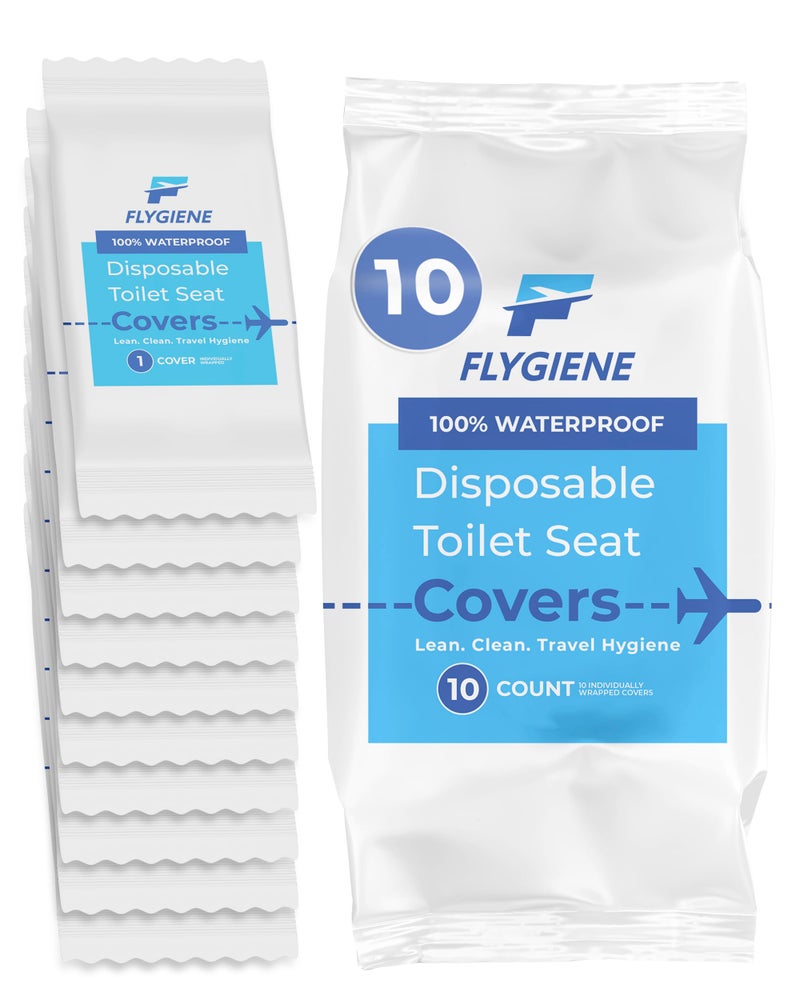 Flygiene Disposable Toilet Seat Covers for Travel  Waterproof TearResistant XL Toilet Liners with 2 Layers of Protection  Individually Wrapped Travel Size Toiletries  10 Count 1 Pack of 10