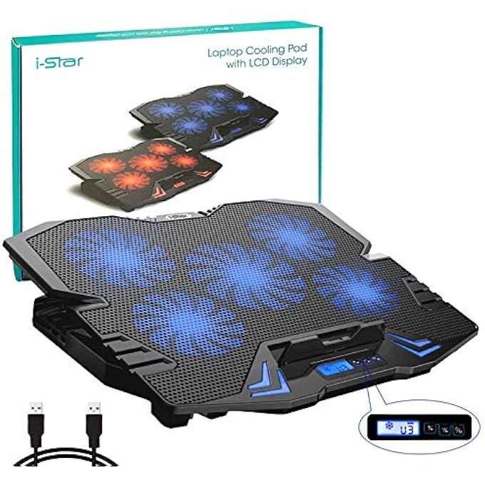 iSTAR LAPTOP COOLING PAD, USB GAMING LAPTOP COOLER STAND UP TO 15.6", 5 FAN 2500RPM ADJUSTABLE SPEED AND TRAY HEIGHT WITH LCD DISPLAY BLUE - Image 1