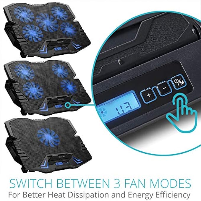 iSTAR LAPTOP COOLING PAD, USB GAMING LAPTOP COOLER STAND UP TO 15.6", 5 FAN 2500RPM ADJUSTABLE SPEED AND TRAY HEIGHT WITH LCD DISPLAY BLUE - Image 2